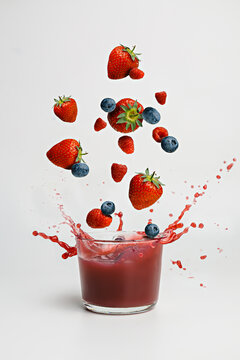 Summer composition with fresh berries flying and juice splash our of glass on light white background. Creative healthy diet concept. Organic tropical fruit juice. Minimal smoothie breakfast idea.