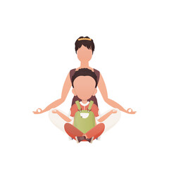 A girl with an adorable baby is sitting meditating in the lotus position. Isolated. Cartoon style.