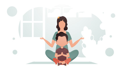 Mom and son are sitting doing yoga in the lotus position. Meditation. Cartoon style.