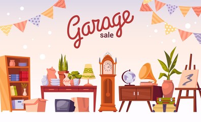 Holiday market. Bazaar sale banner with old furniture. Second Hand shop. Weekend store for used merchandise. Selling bookcase or clock. Antique boutique. Vector garage trade frame poster