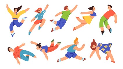 Happy fly people. Youth freedom. Humans jump up. Floating men and women. Girls and guys in different poses. Falling and running persons. Fantasy dream. Vector dancing teenagers set