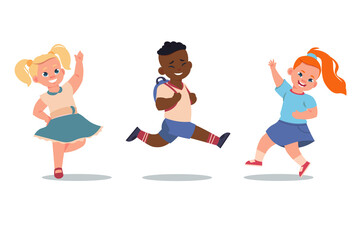 Smiling children. Dancing boys and girls. Happy people in good mood. Young persons poses and gestures. Active classmates. Cheerful teenagers playing or running. Vector jumping kids set