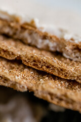 three crispy slices with pate close-up. Healthy diet food.