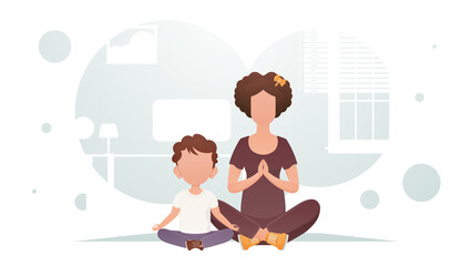 Mom and son are sitting doing meditation. Meditation. Cartoon style.