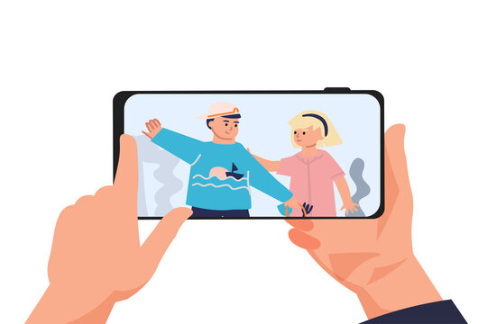 Family photo. Hands holding smartphone. Man and woman together portrait. Person looking at photographs on phone screen. Human arms with device. Happy couple snapshot. Vector concept