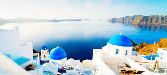 white belfries Santorini island, Greece