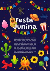 Festa Junina! Folklore Holiday. Brazilian Latin American festival. Template for banner, card, poster. Vector Illustration.