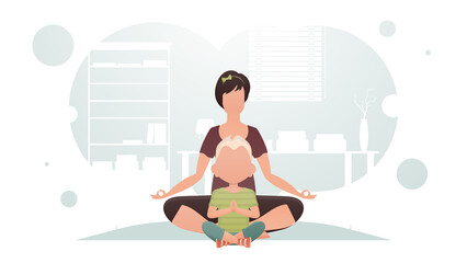 Obraz premium Mom and son are sitting in the room meditating. Meditation. Cartoon style.