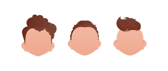 Set of Faces of little boys with different styles of haircuts. Isolated on white background.