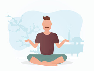 The guy of a strong physique sits is engaged in meditation. Meditation. Cartoon style.