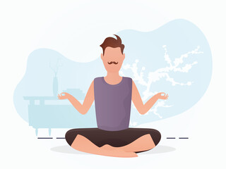 The guy of a strong physique sits meditating. Yoga. Cartoon style.