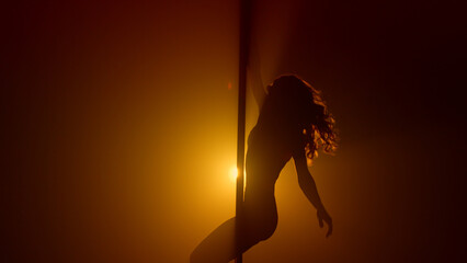 Woman silhouette practicing poledance in club. Sexual lady turning round pole.