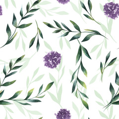 Seamless Pattern of Watercolor Pink Flowers and Purple green leaves. Summer Design Isolated on White Background
