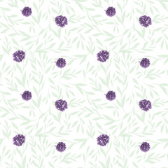 Seamless Pattern of Watercolor Pink Flowers and Purple green leaves. Summer Design Isolated on White Background