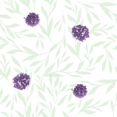 Seamless Pattern of Watercolor Pink Flowers and Purple green leaves. Summer Design Isolated on White Background