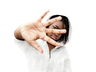 Fototapeta premium Young African American girl, 13 years old, isolated (cut out), white background, photo