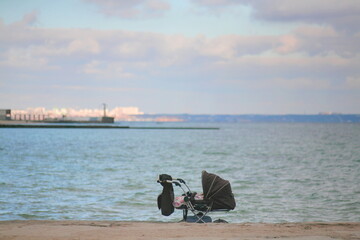 black stroller against the background of the blue sea