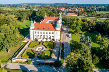 Renaissance castle, palace and park in Baranow Sandomierski in Poland, often called “little Wawel". Aerial view.