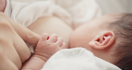 Close up baby hand holding mom fingers, mother breastfeeding newborn baby infant nursing and feeding Baby, feeling love in touch, maternity, healthcare, breastfeeding, motherhood, childhood concept	
 - obrazy, fototapety, plakaty