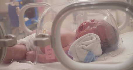 Closeup little newborn baby infant sleeping and crying in incubators for newborns, Newborn baby...