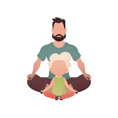 Obraz na płótnie Canvas Dad and son are sitting and doing yoga. Isolated. Cartoon style.