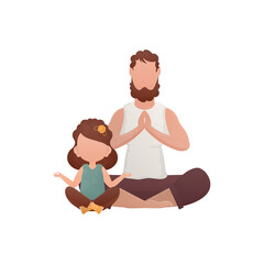 A strong man and a cute little girl are sitting in the lotus position. Isolated. Cartoon style.