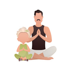 A man with a cute little girl are sitting meditating. Isolated. Cartoon style.