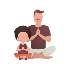 Dad and daughter are sitting doing meditation. Isolated. Cartoon style.