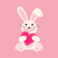 Cute rabbit with heart . Vector illustration in cartoon flat style.