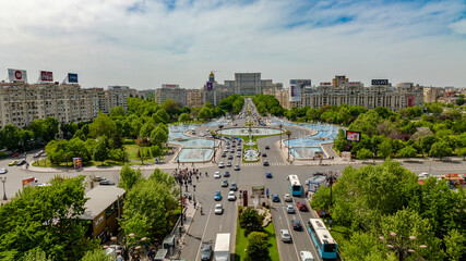 Aerial view of Unirii Square, Bucharest Romania on a sunny day.