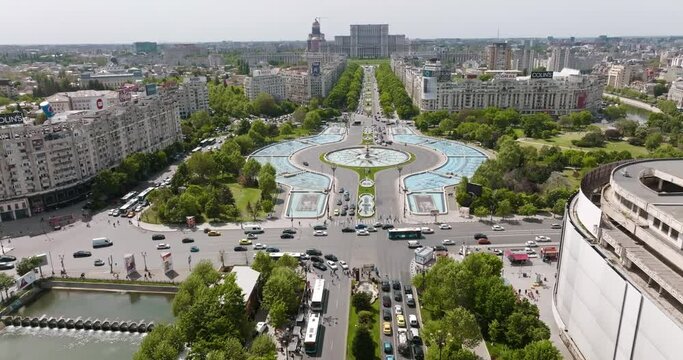 Aerial view of Unirii Square, Bucharest Romania on a sunny day.
