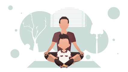 A strong man and an adorable baby are sitting meditating in a room. Meditation. Cartoon style.