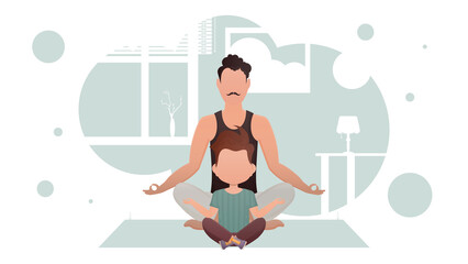 Dad with a little son sit meditate in the lotus position. Meditation. Cartoon style.