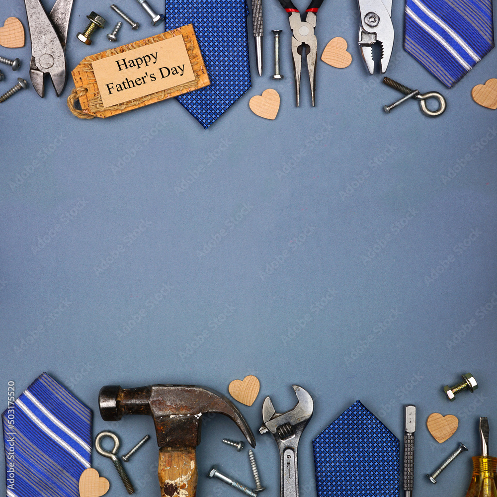 Poster happy fathers day gift tag with double border of ties and tools on a square blue grey paper backgrou