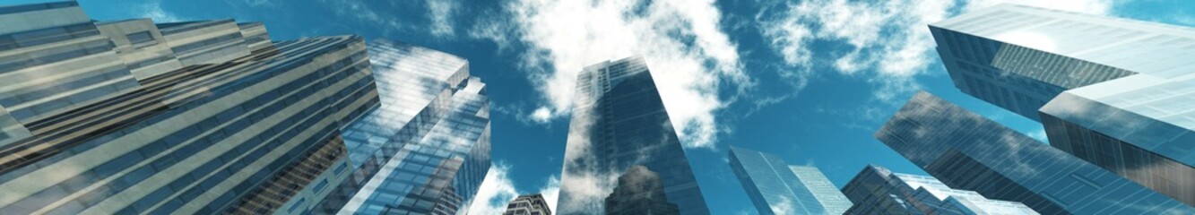 Fototapeta premium Skyscrapers, high-rise buildings from below against the background of the sky, cityscape, panorama of skyscrapers, 3D rendering