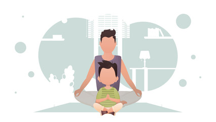 A man with a little boy are sitting meditating in the room. Meditation. Cartoon style.