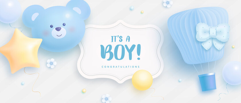 Baby shower horizontal banner with cartoon bear head, hot air balloon, helium balloons and clouds on light background. It's a boy. Vector illustration