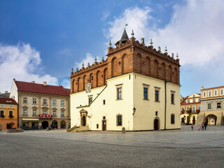 Fototapeta na wymiar Tarnow, Poland. Renaissance town hall and tenement houses in old city main square often called the Perl of Polish renaissance