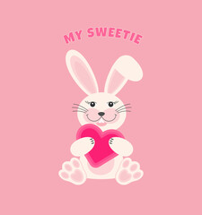 Cute rabbit with heart . Vector illustration in cartoon flat style.