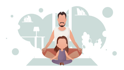 Strong man and cute little girl are sitting meditating. Meditation. Cartoon style.