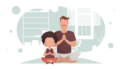 A man with a little girl are sitting meditating. Yoga. Cartoon style.