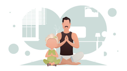 A man with a little girl are sitting meditating. Meditation. Cartoon style.