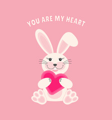 Cute rabbit with heart . Vector illustration in cartoon flat style.