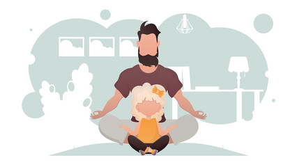 Dad and daughter are sitting meditating. Yoga. Cartoon style.