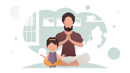 Dad and daughter are sitting meditating. Meditation. Cartoon style.