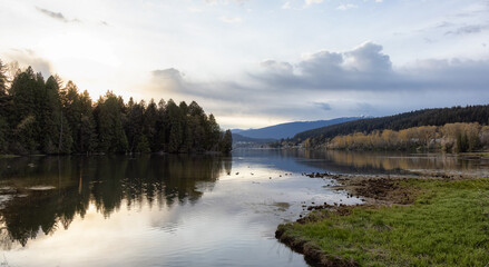 View of a Canadian Landscape in Shoreline Trail, Port Moody, Greater Vancouver, British Columbia, Canada. Park in a Modern City during a colorful Sunset Sky. Nature Background