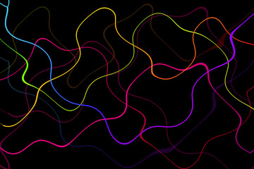 wallpaper of colorful wavy lines with black backdrop. looking very modern and artistic design of gradient colored curly lines. trendy creative design for the background. Line Art