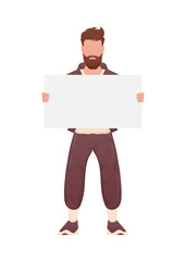 Fototapeta premium A man of athletic build stands in full growth and holds an empty sign in his hands. Isolated. Cartoon style.