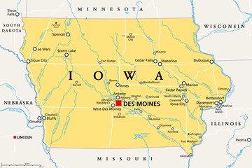 Iowa, IA, political map, with the capital Des Moines and most important cities, rivers and lakes. State in the Midwestern region of the United States of America, nicknamed The Hawkeye State. Vector.
