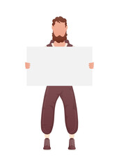 A guy with a strong physique holds an empty banner in his hands. Isolated. Cartoon style.